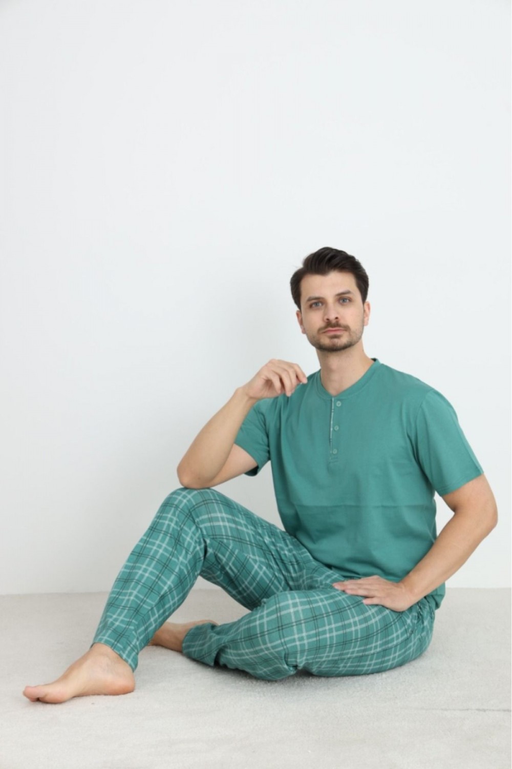 Erkek Sıfır Yaka Düğmeli Kısa Kol Cepli Yazlık Pijama Takımı %100 Pamuk