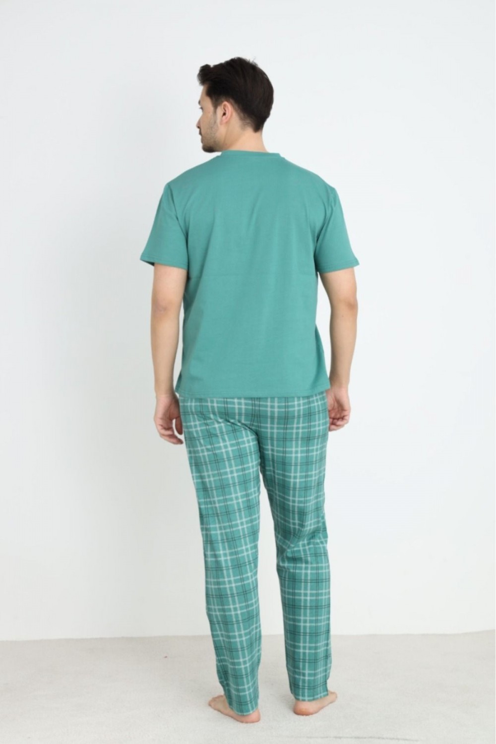 Erkek Sıfır Yaka Düğmeli Kısa Kol Cepli Yazlık Pijama Takımı %100 Pamuk