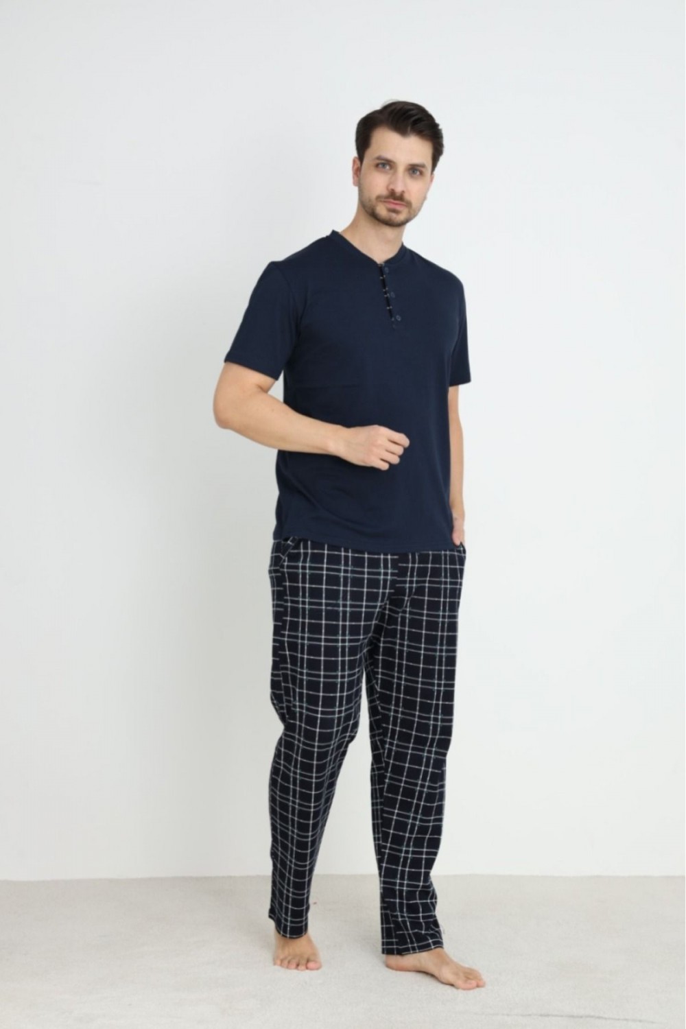 Erkek Sıfır Yaka Düğmeli Kısa Kol Cepli Yazlık Pijama Takımı %100 Pamuk