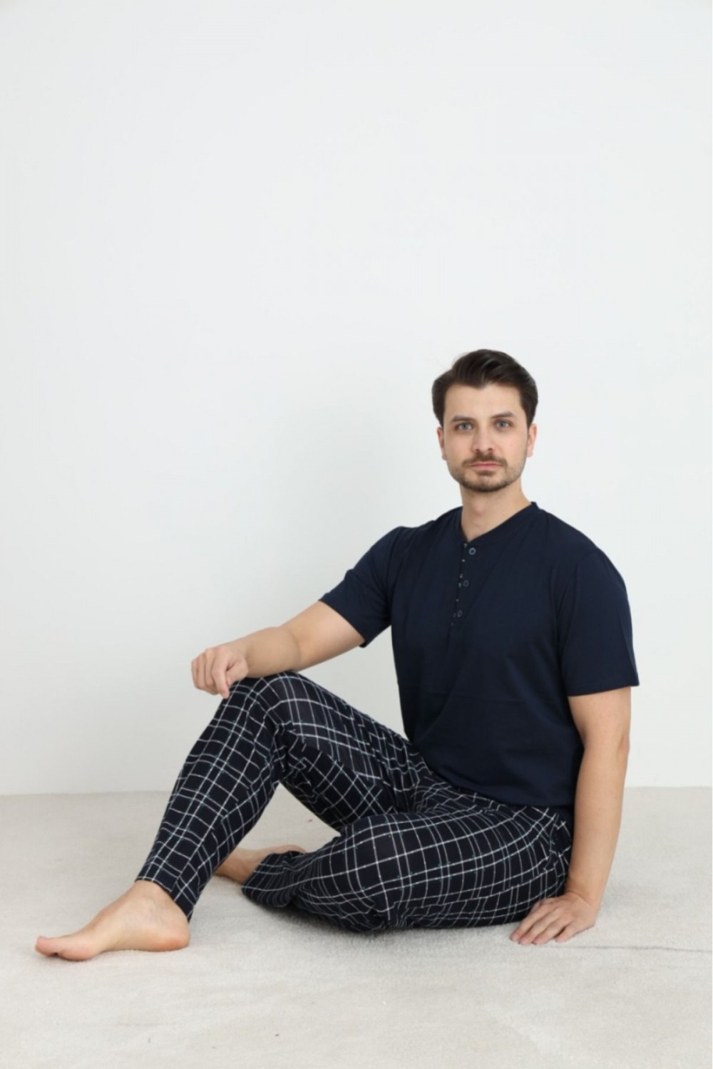 Erkek Sıfır Yaka Düğmeli Kısa Kol Cepli Yazlık Pijama Takımı %100 Pamuk