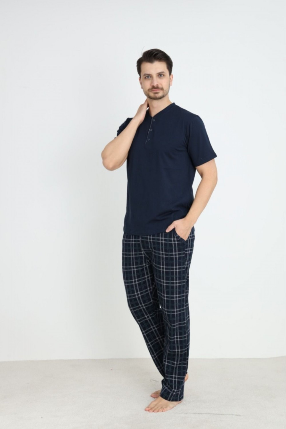 Erkek Sıfır Yaka Düğmeli Kısa Kol Cepli Yazlık Pijama Takımı %100 Pamuk