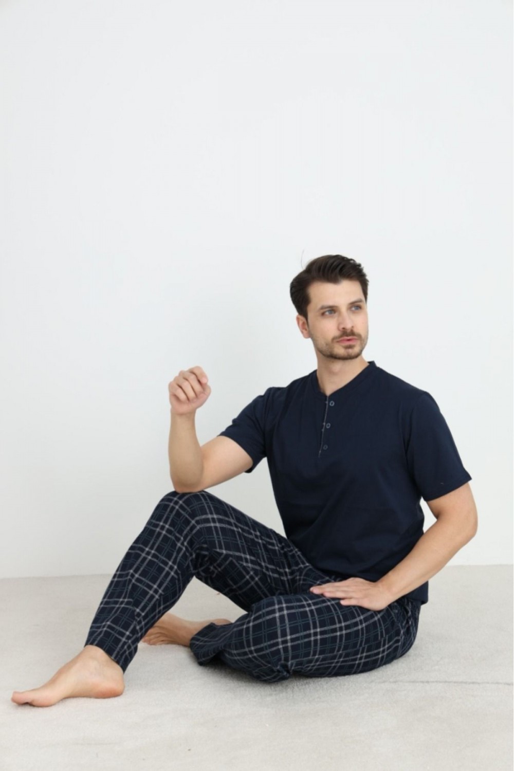 Erkek Sıfır Yaka Düğmeli Kısa Kol Cepli Yazlık Pijama Takımı %100 Pamuk