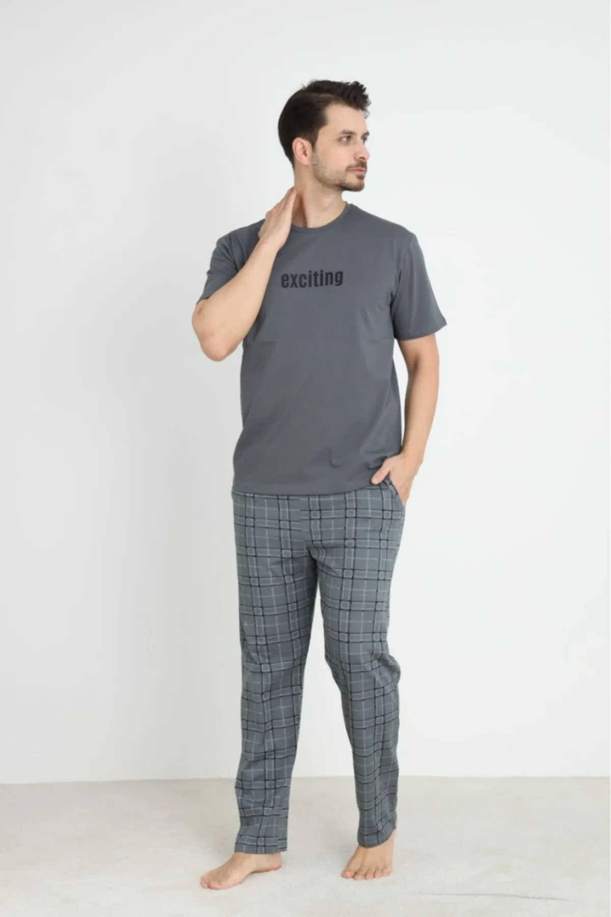 Erkek Sıfır Yaka Kısa Kol Cepli Yazlık Pijama Takımı %100 Pamuk Füme-M