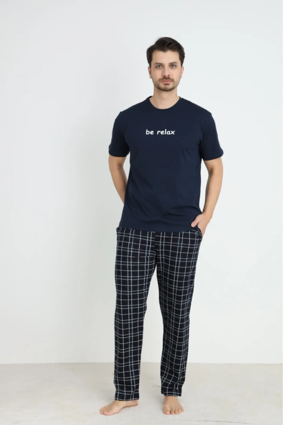 Erkek Sıfır Yaka Kısa Kol Cepli Yazlık Pijama Takımı %100 Pamuk HAKİ-M