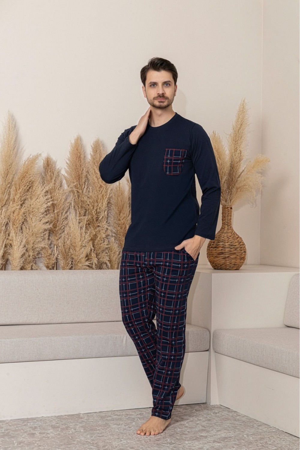 Erkek Sıfır Yaka Kısa Kol Cepli Yazlık Pijama Takımı %100 Pamuk
