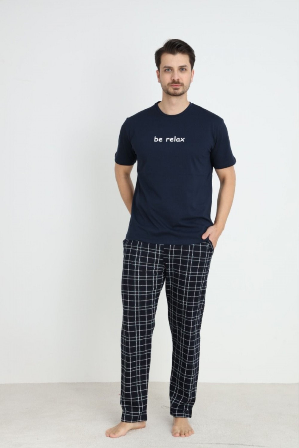 Erkek Sıfır Yaka Kısa Kol Cepli Yazlık Pijama Takımı %100 Pamuk