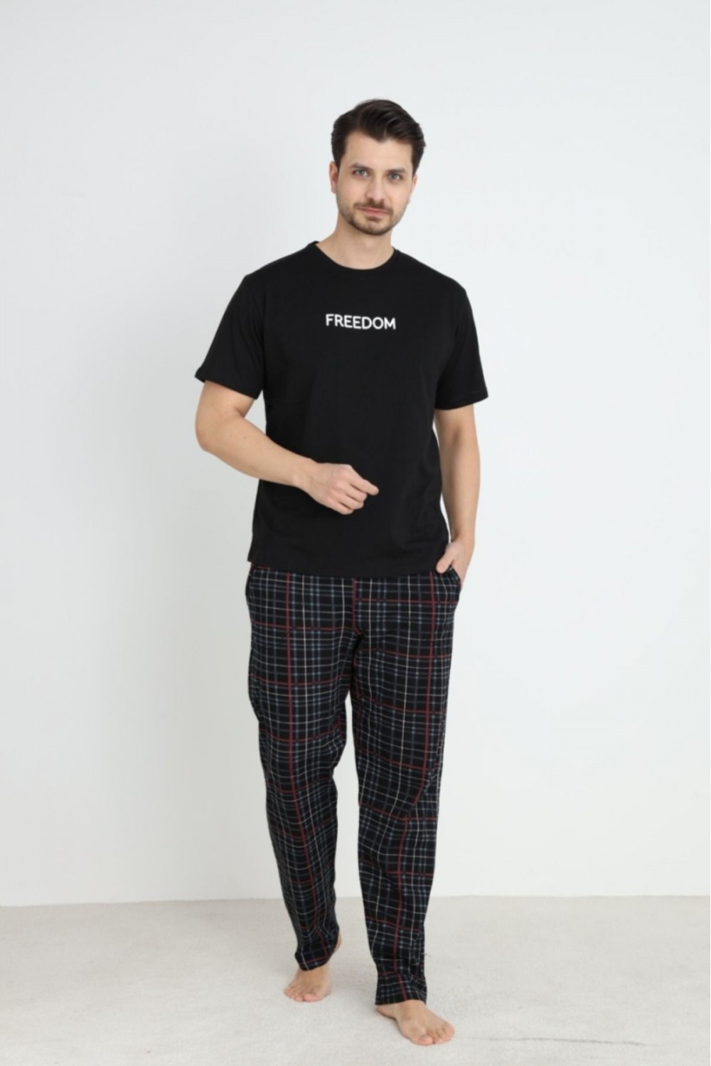 Erkek Sıfır Yaka Kısa Kol Cepli Yazlık Pijama Takımı %100 Pamuk