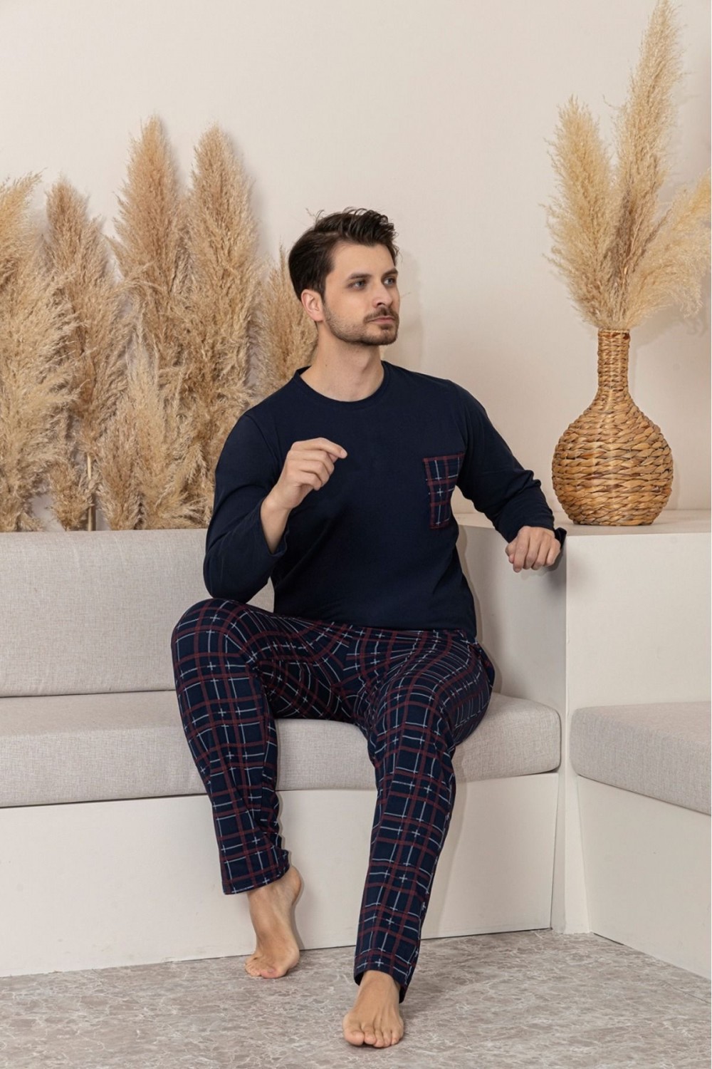 Erkek Sıfır Yaka Kısa Kol Cepli Yazlık Pijama Takımı %100 Pamuk