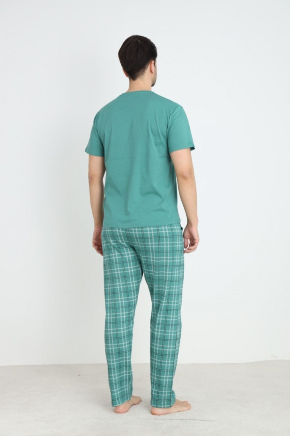 Erkek Sıfır Yaka Kısa Kol Cepli Yazlık Pijama Takımı %100 Pamuk