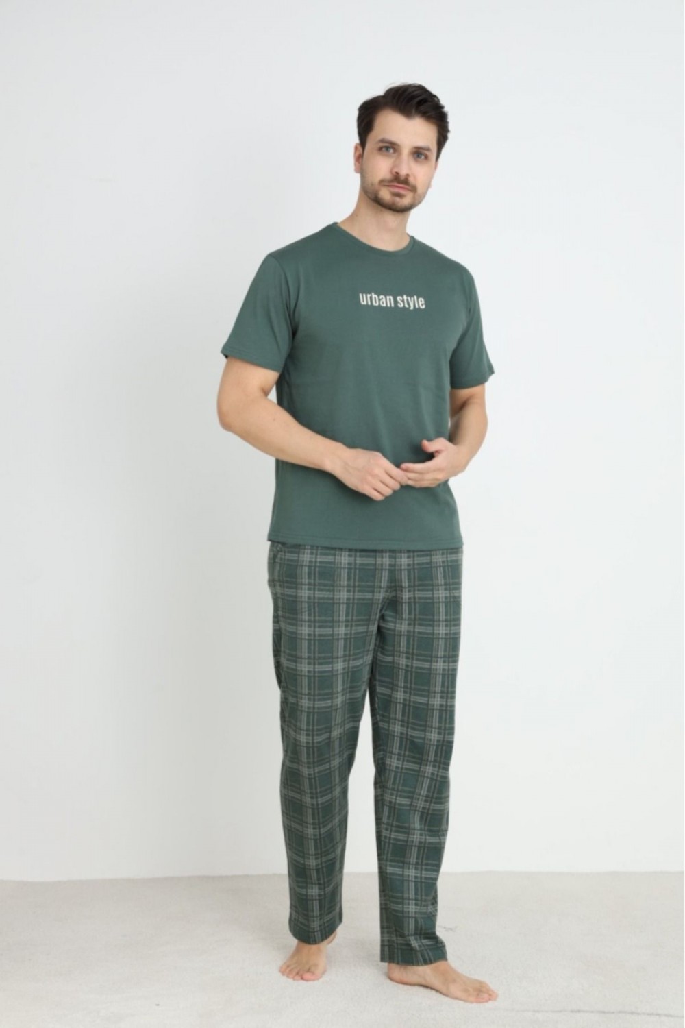 Erkek Sıfır Yaka Kısa Kol Cepli Yazlık Pijama Takımı %100 Pamuk