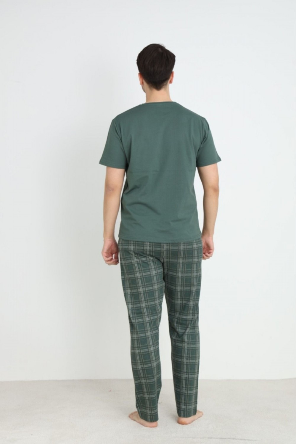 Erkek Sıfır Yaka Kısa Kol Cepli Yazlık Pijama Takımı %100 Pamuk