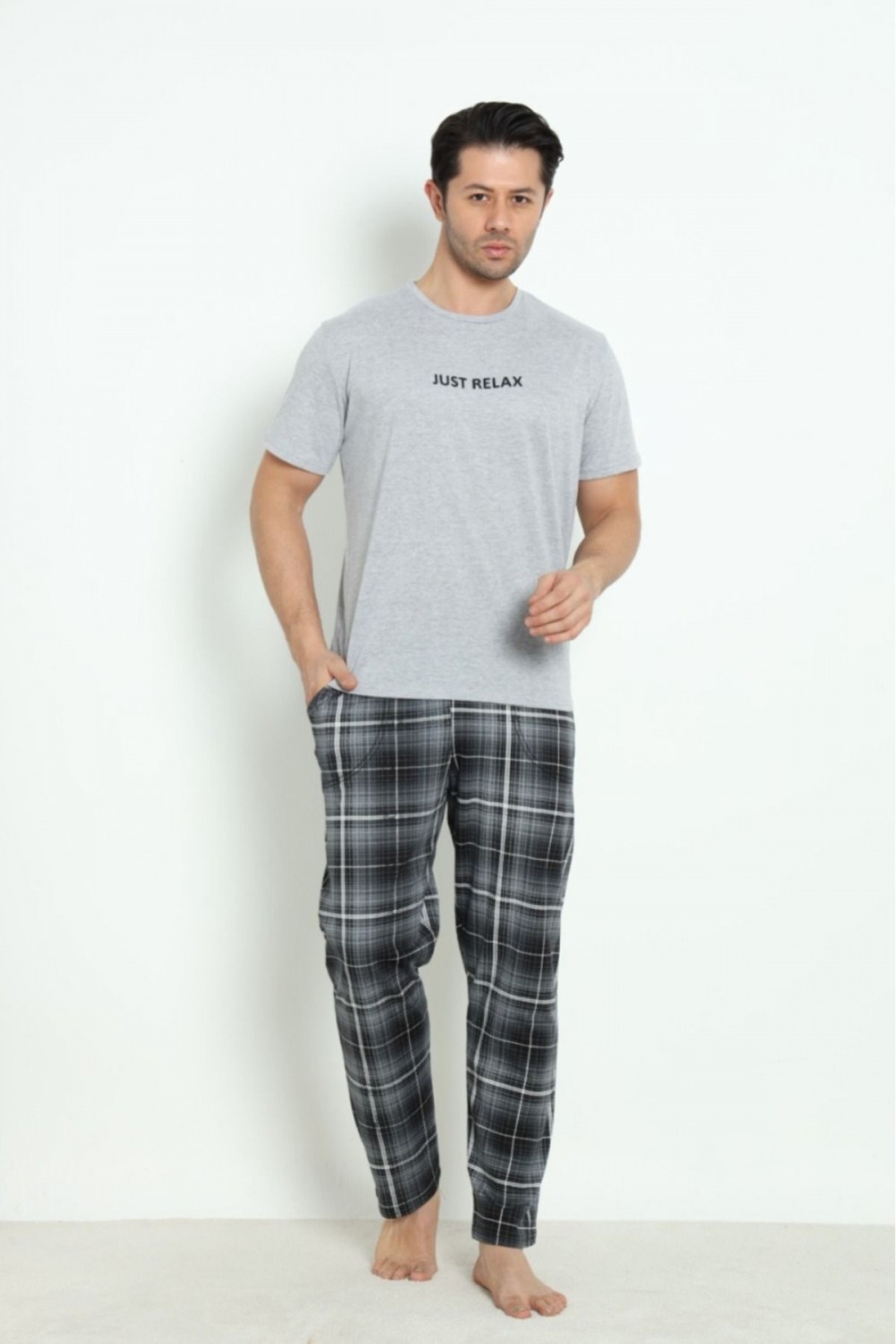 Erkek Sıfır Yaka Kısa Kol Cepli Yazlık Pijama Takımı %100 Pamuk