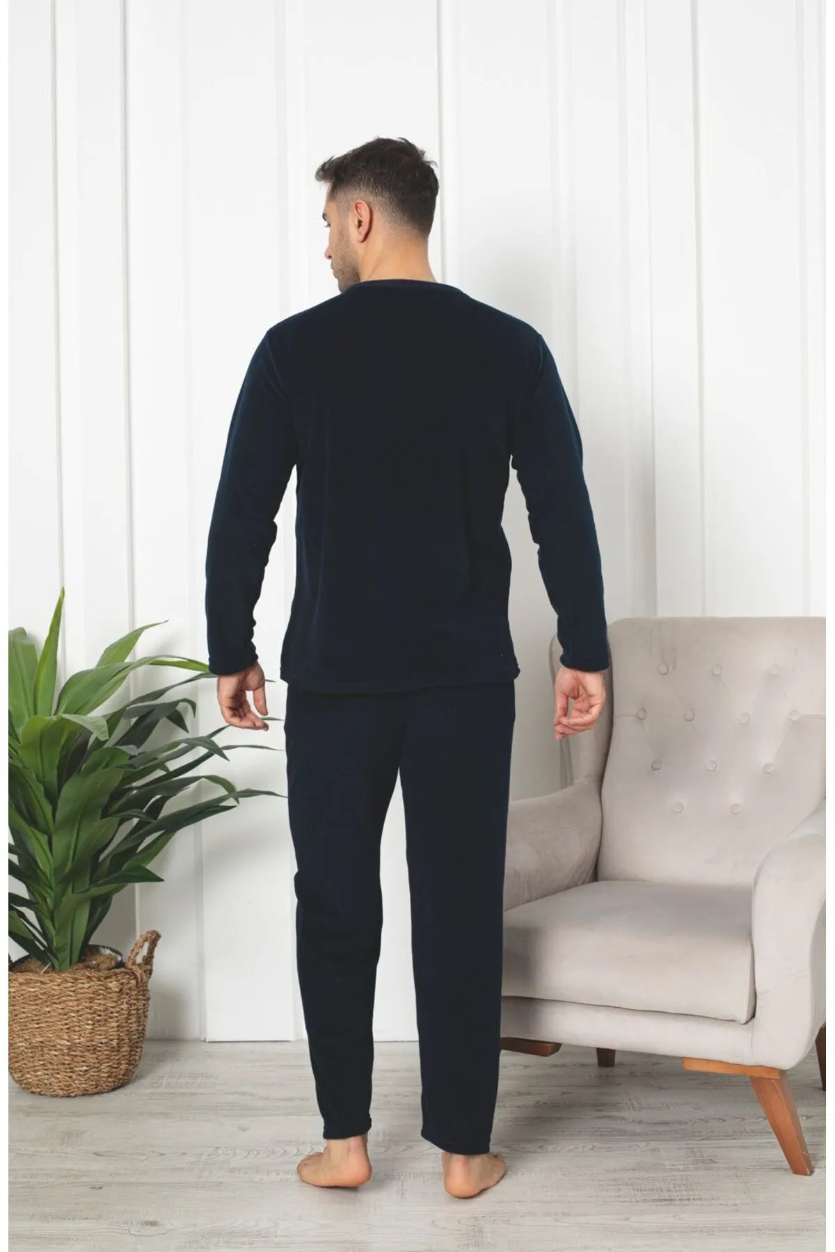 Erkek Sıfır Yaka Polar Pijama Eşofman Takımı SİYAH RENK-L
