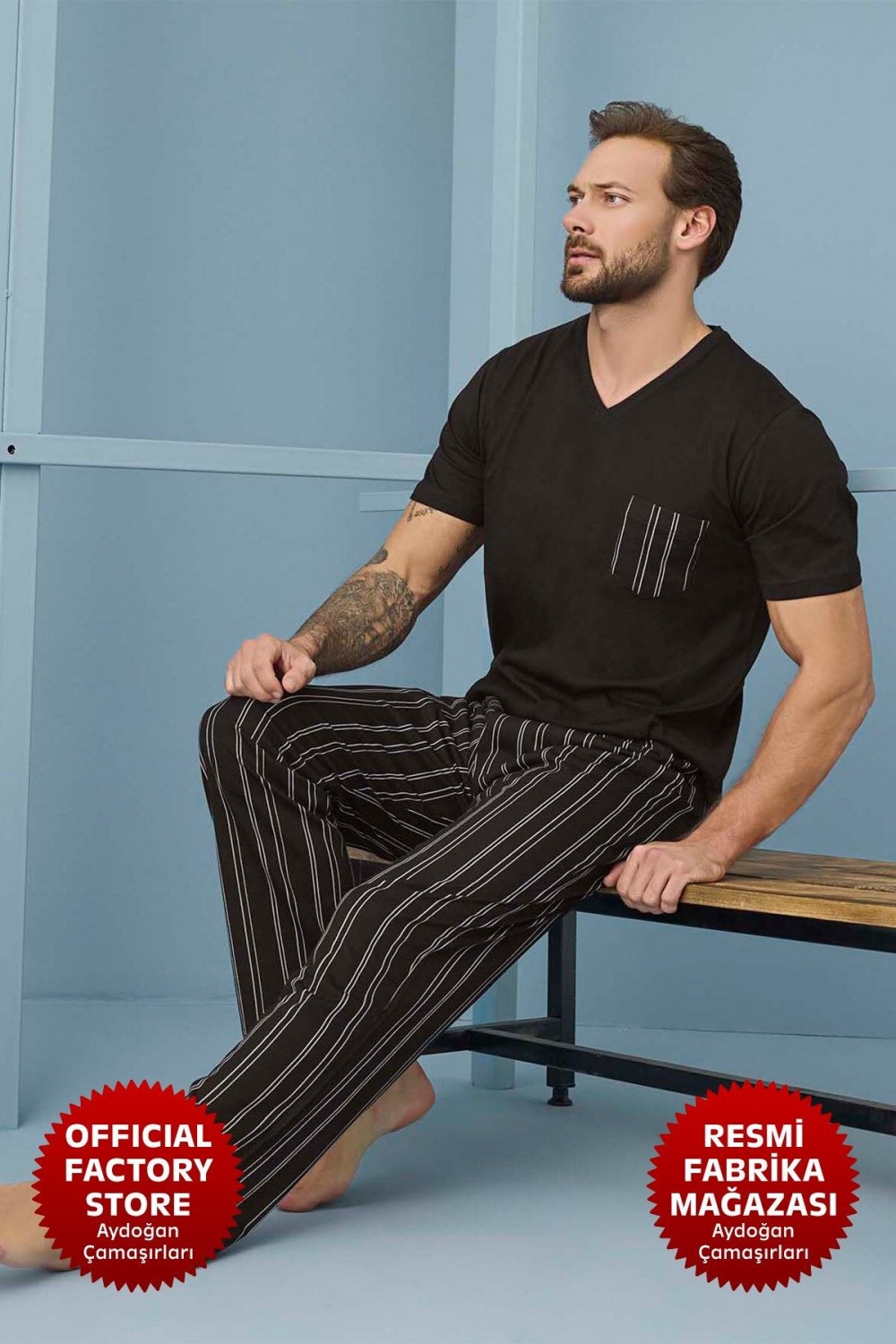 Erkek Siyah Pijama Takımı %100 Pamuklu Süprem V Yaka Kısa Kollu C2-4 - 7961 - Aydogan ®