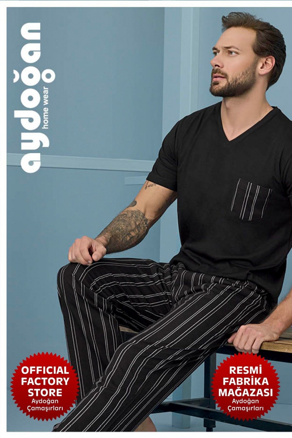 Erkek Siyah Pijama Takımı %100 Pamuklu Süprem V Yaka Kısa Kollu C2-4 - 7961 - Aydogan ®