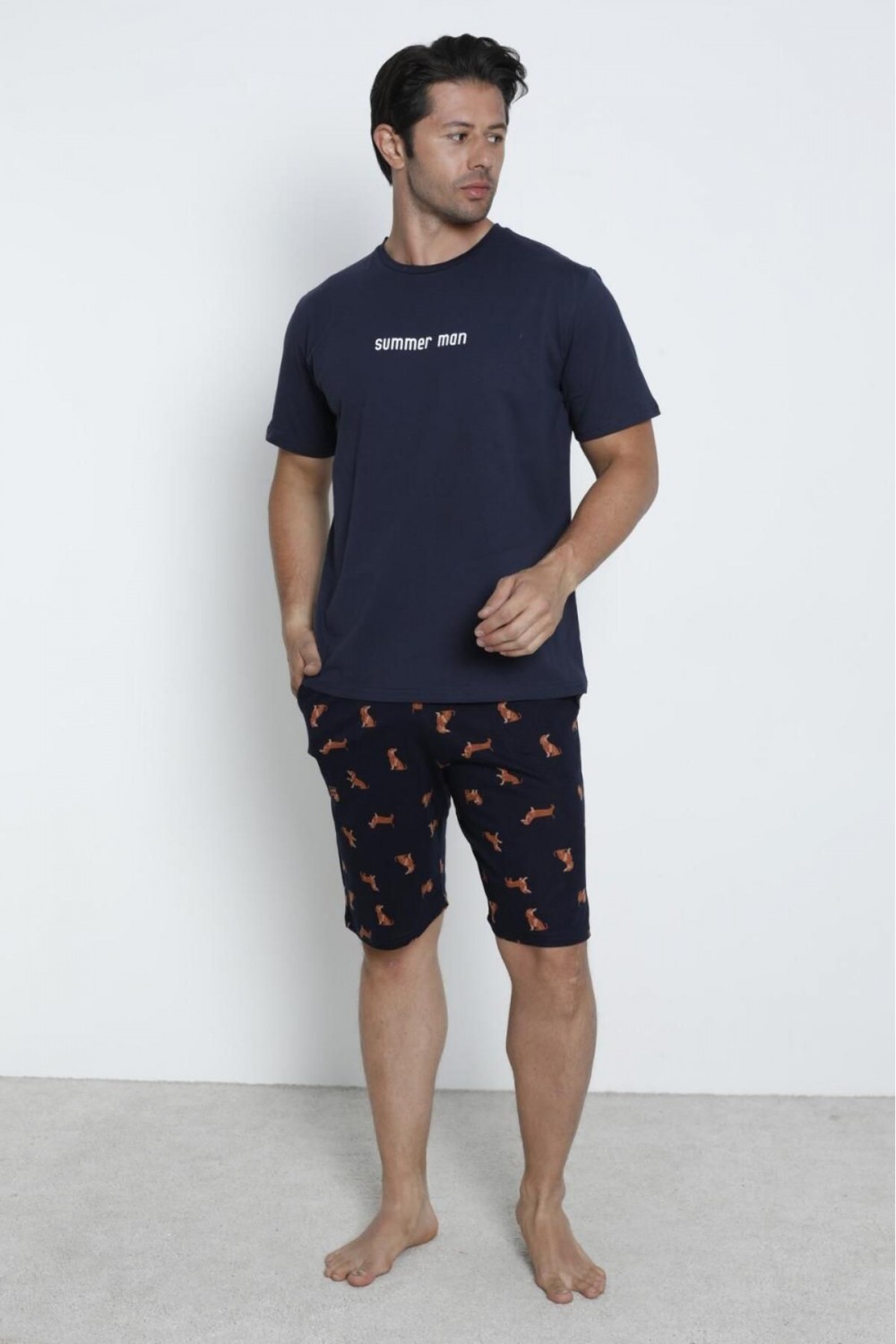 Erkek Şortlu Sıfır Yaka %100 Pamuk Kısa Kol Pijama Takımı