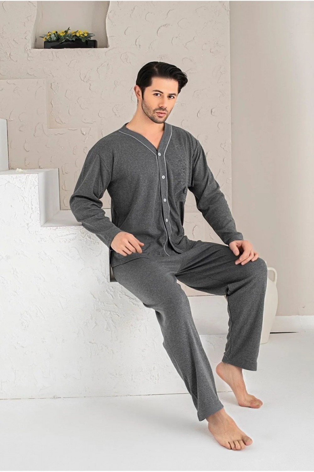 Erkek Uzun Kollu Önden Düğmeli Penye Örme Kumaş Mevsimlik Pijama Takımı