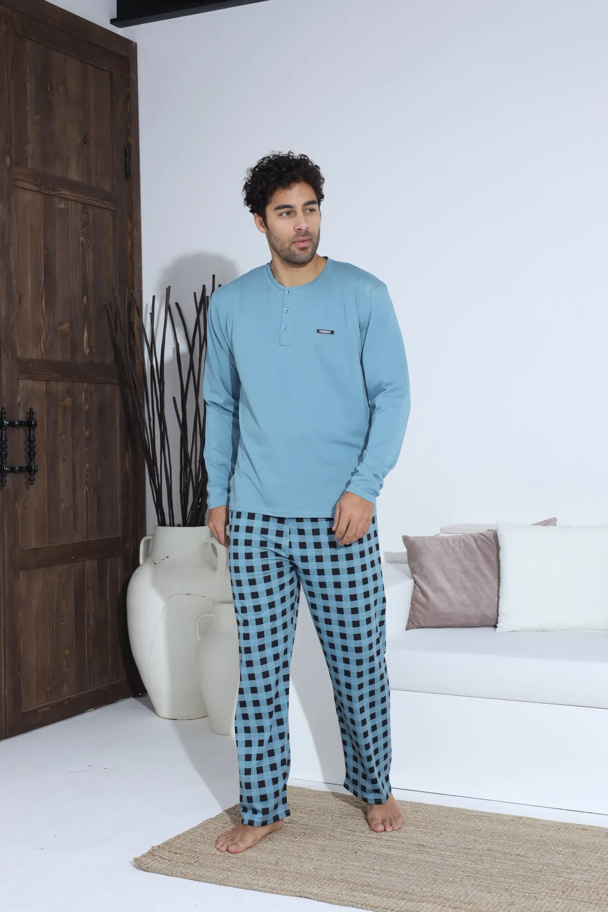 Erkek Uzun Kollu Penye Süprem Pijama Takımı Açık Mavi MAVİ-2XL