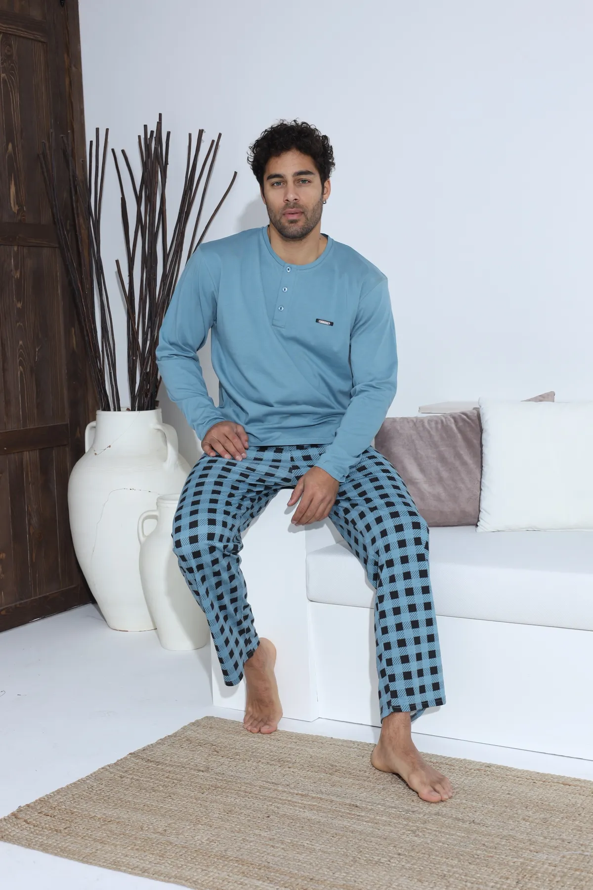 Erkek Uzun Kollu Penye Süprem Pijama Takımı Açık Mavi MAVİ-2XL