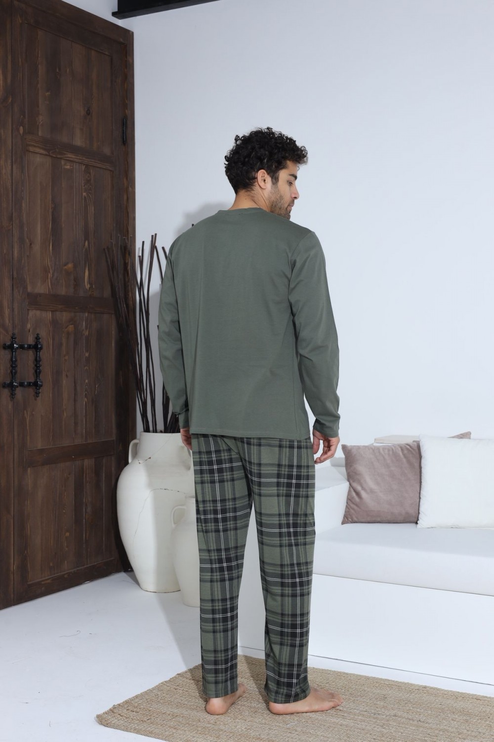 Erkek Uzun Kollu Penye Süprem Pijama Takımı Haki Ekose HAKİ-M