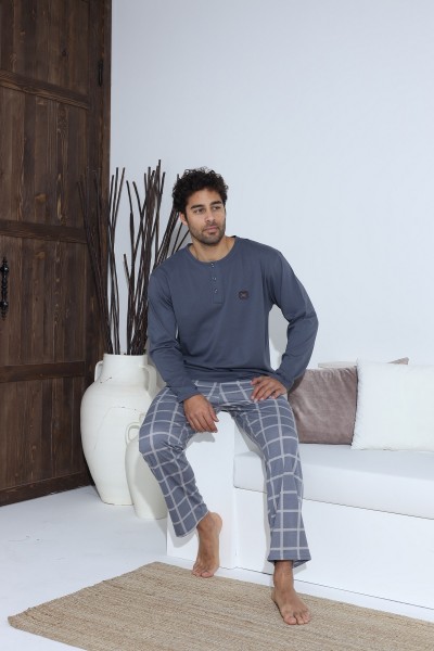 Erkek Uzun Kollu Penye Süprem Pijama Takımı İndigo Mavi MAVİ-XL