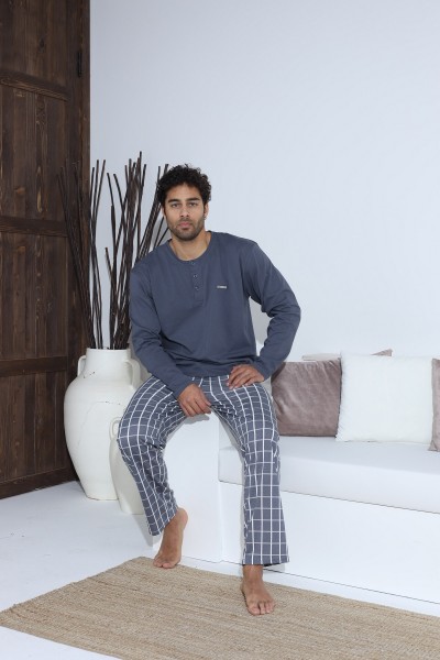 Erkek Uzun Kollu Penye Süprem Pijama Takımı LACİVERT-M