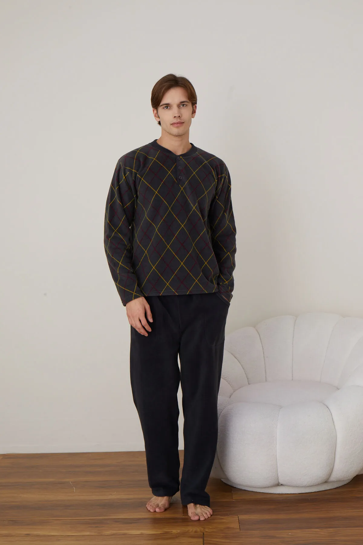 Erkek Uzun Kollu Polar Kışlık Sıcak Tutan Pijama Takımı YENİ SEZON ANTRASİT-2XL