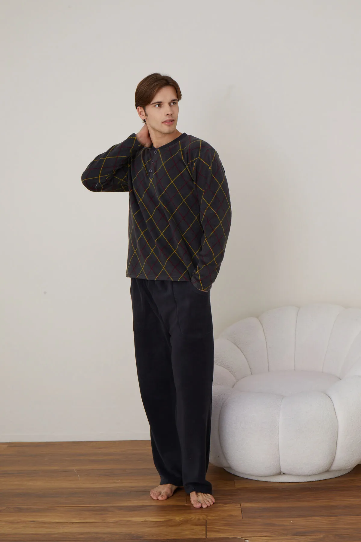 Erkek Uzun Kollu Polar Kışlık Sıcak Tutan Pijama Takımı YENİ SEZON ANTRASİT-2XL