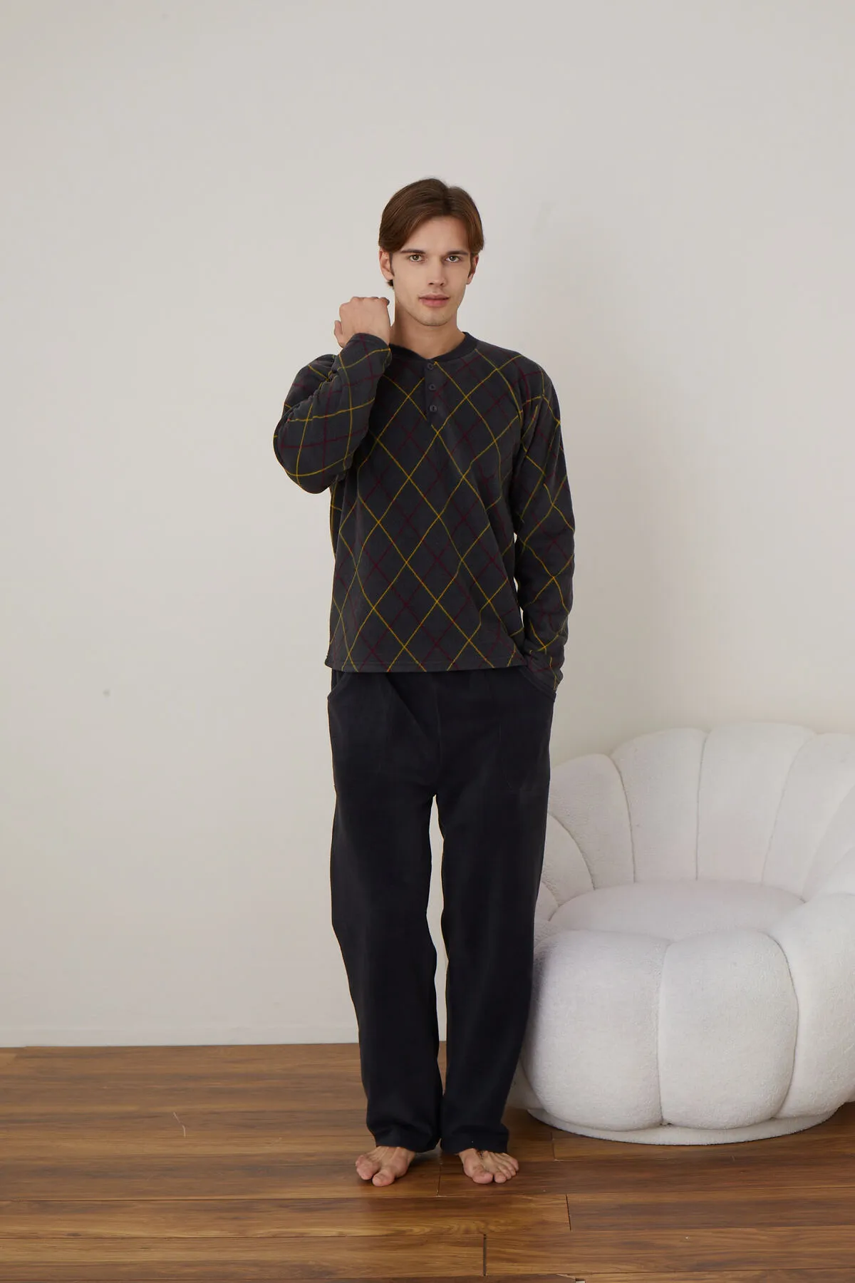 Erkek Uzun Kollu Polar Kışlık Sıcak Tutan Pijama Takımı YENİ SEZON ANTRASİT-XL