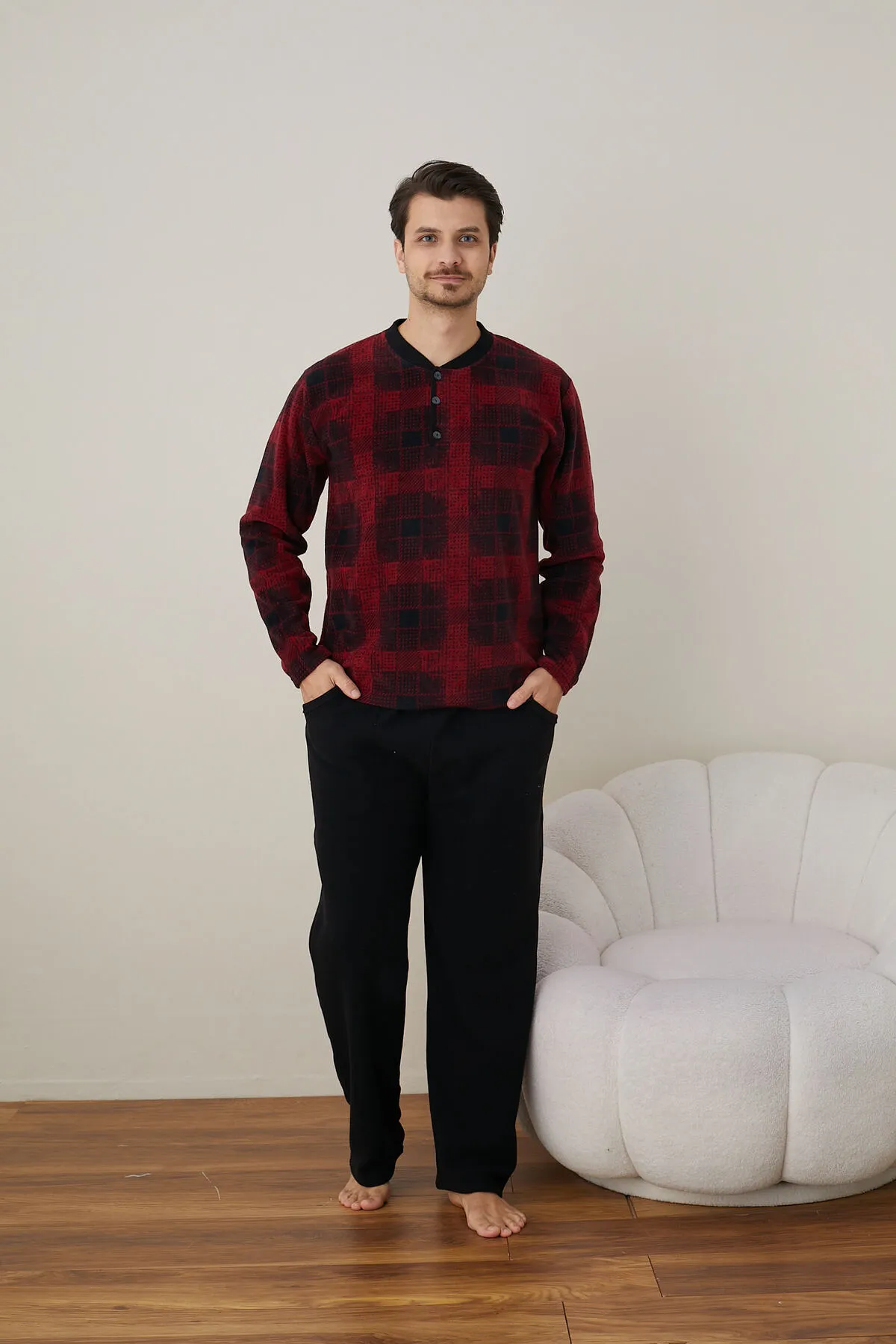 Erkek Uzun Kollu Polar Kışlık Sıcak Tutan Pijama Takımı