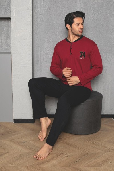 Erkek Yakası Düğmeli İnterlok Pijama Takımı YENİ SEZON BORDO-SİYAH-2XL