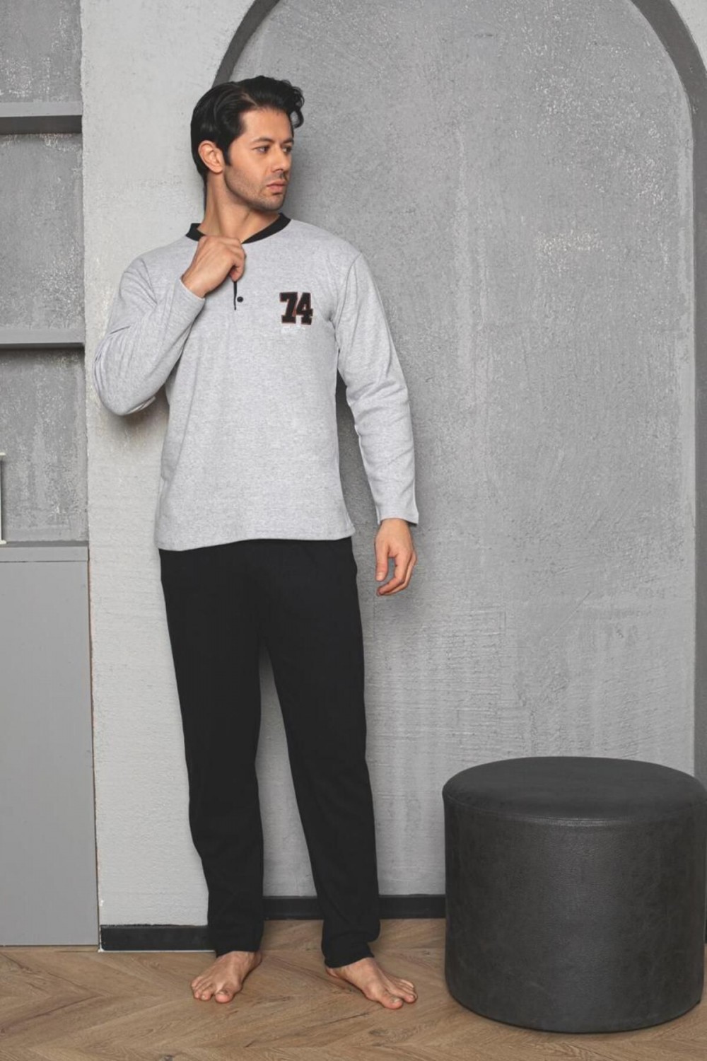 Erkek Yakası Düğmeli İnterlok Pijama Takımı YENİ SEZON