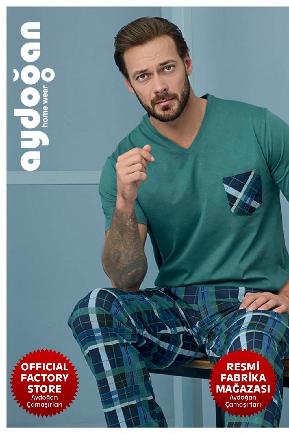 Erkek Yeşil Pijama Takımı %100 Pamuklu Süprem V Yaka Kısa Kollu C3-1 - 7970 Yeni Sezon Aydogan ®