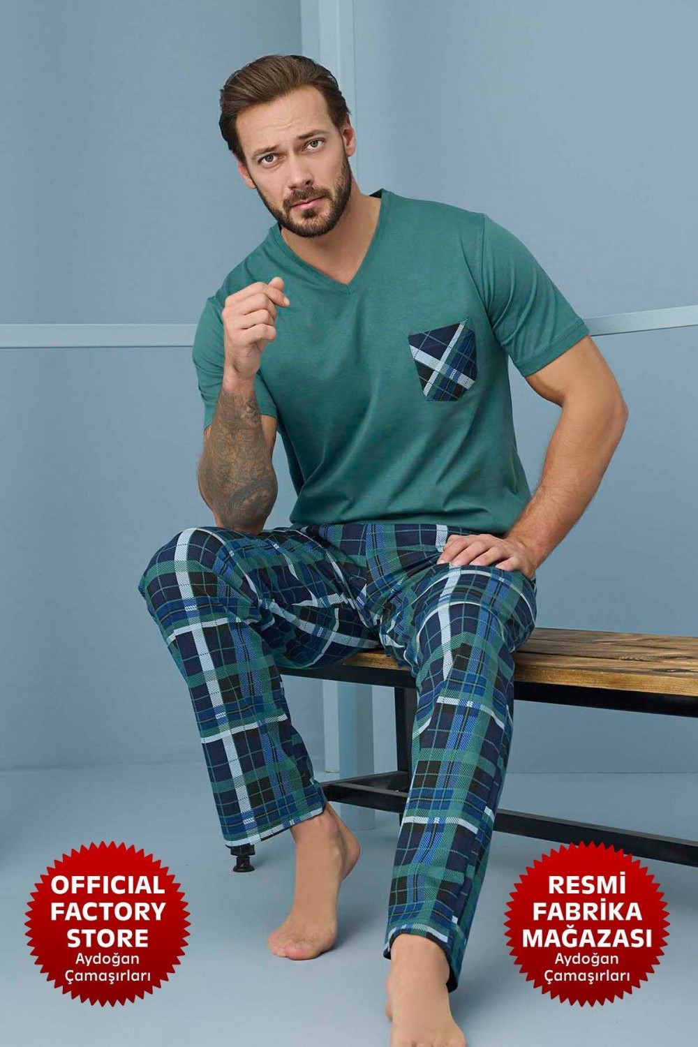 Erkek Yeşil Pijama Takımı %100 Pamuklu Süprem V Yaka Kısa Kollu C3-1 - 7970 Yeni Sezon Aydogan ®