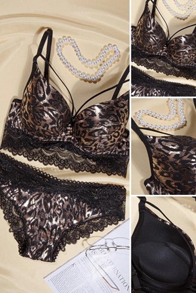 İpli Altın Varak Leopar Desen Destekli Sütyen Takımı