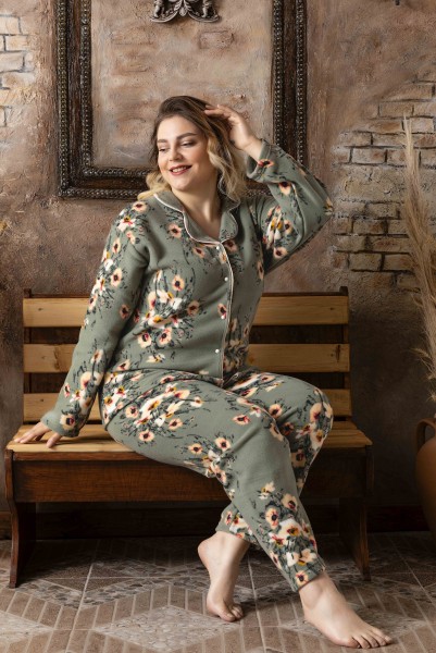 Kadın Battal Büyük Beden Önden Düğmeli Uzun Kollu Polar Pijama Takımı HAKİ-L