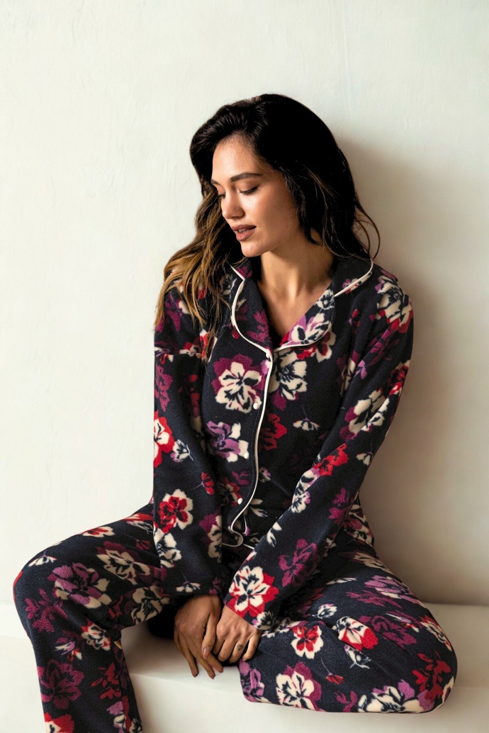 Kadın Battal Büyük Beden Önden Düğmeli Uzun Kollu Polar Pijama Takımı SİYAH-3XL