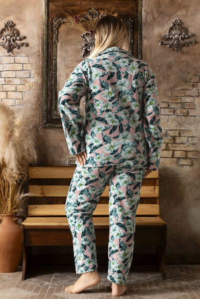 Kadın Battal Büyük Beden Önden Düğmeli Uzun Kollu Polar Pijama Takımı