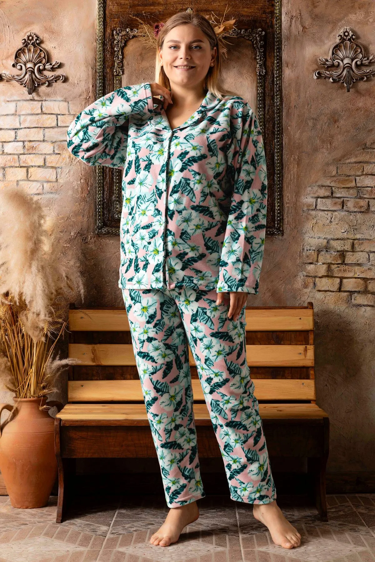 Kadın Battal Büyük Beden Önden Düğmeli Uzun Kollu Polar Pijama Takımı TURKUAZ-4XL
