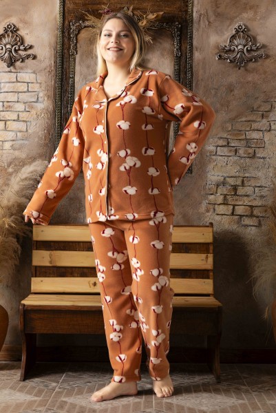 Kadın Battal Büyük Beden Önden Düğmeli Uzun Kollu Polar Pijama Takımı TURUNCU-L