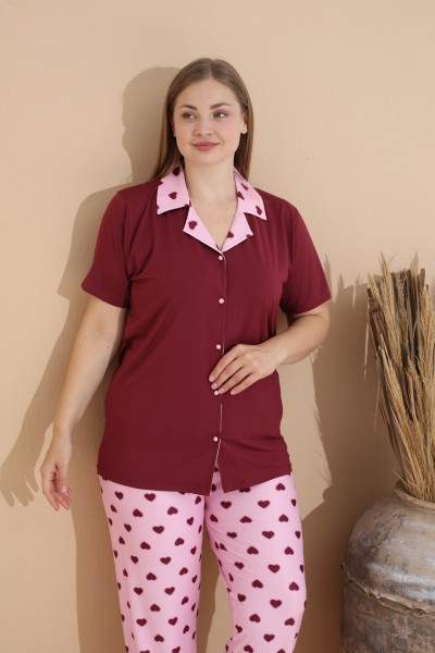 Kadın Battal Milan Kumaş Kısa Kol Gömlek Yaka Büyük Beden Pijama Takımı BORDO-3XL