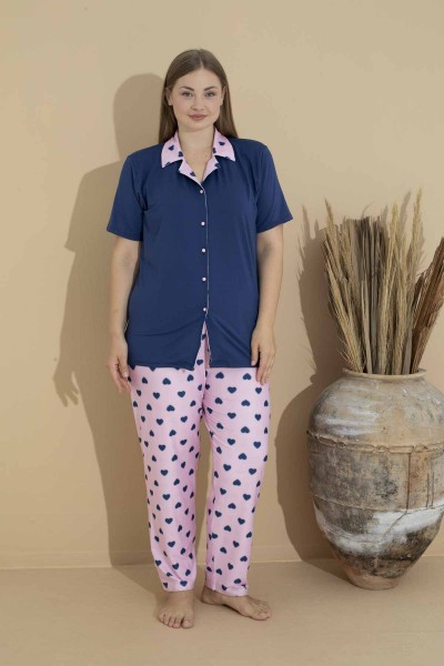 Kadın Battal Milan Kumaş Kısa Kol Gömlek Yaka Büyük Beden Pijama Takımı LACİVERT-4XL