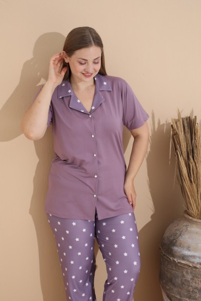 Kadın Battal Milan Kumaş Kısa Kol Gömlek Yaka Büyük Beden Pijama Takımı