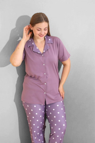 Kadın Battal Milan Kumaş Kısa Kol Gömlek Yaka Büyük Beden Pijama Takımı LİLA-XL