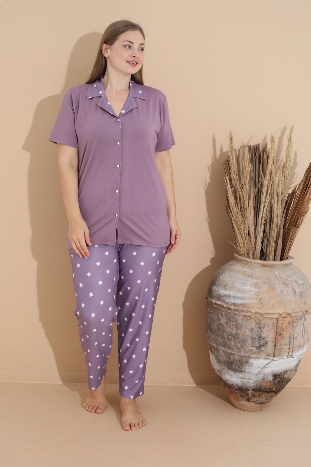 Kadın Battal Milan Kumaş Kısa Kol Gömlek Yaka Büyük Beden Pijama Takımı