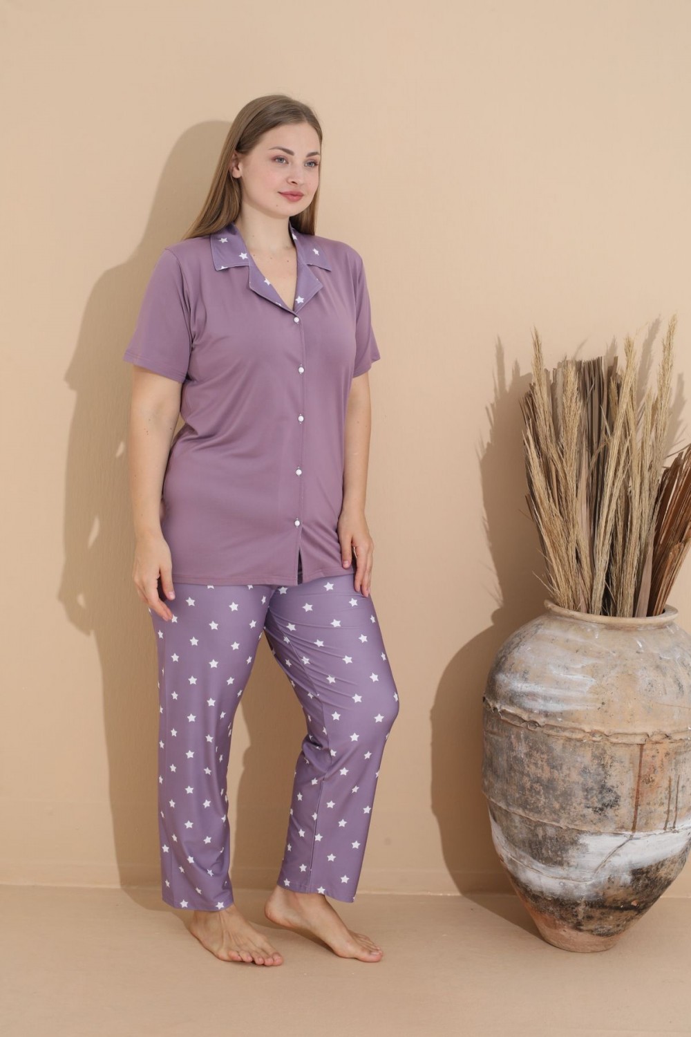 Kadın Battal Milan Kumaş Kısa Kol Gömlek Yaka Büyük Beden Pijama Takımı