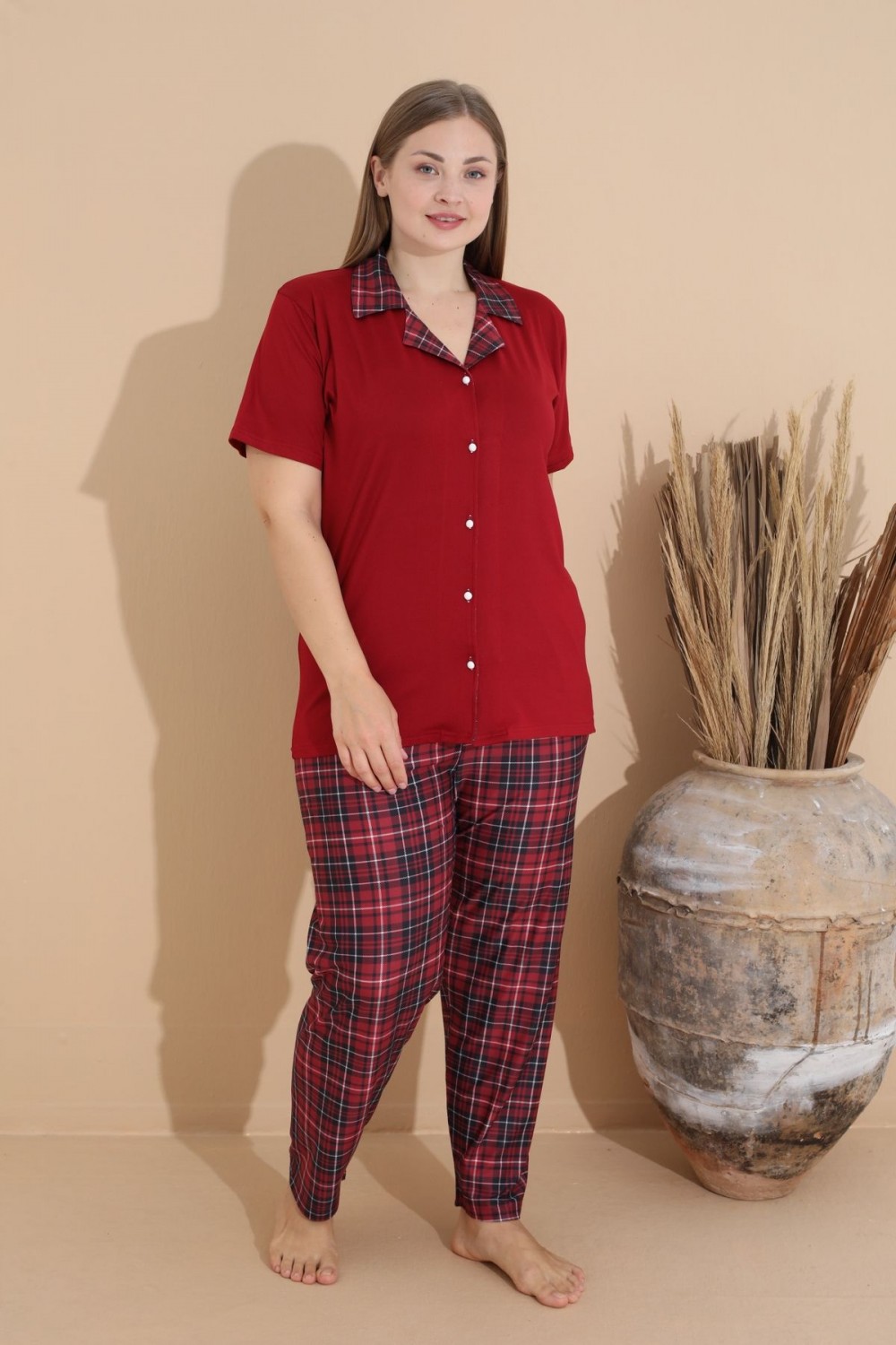 Kadın Battal Milan Kumaş Kısa Kol Gömlek Yaka Büyük Beden Pijama Takımı