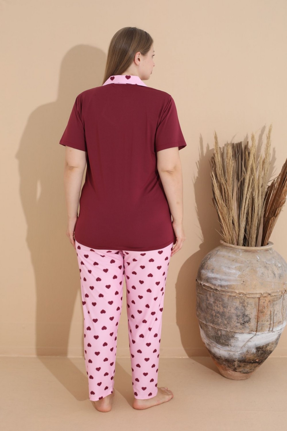 Kadın Battal Milan Kumaş Kısa Kol Gömlek Yaka Büyük Beden Pijama Takımı