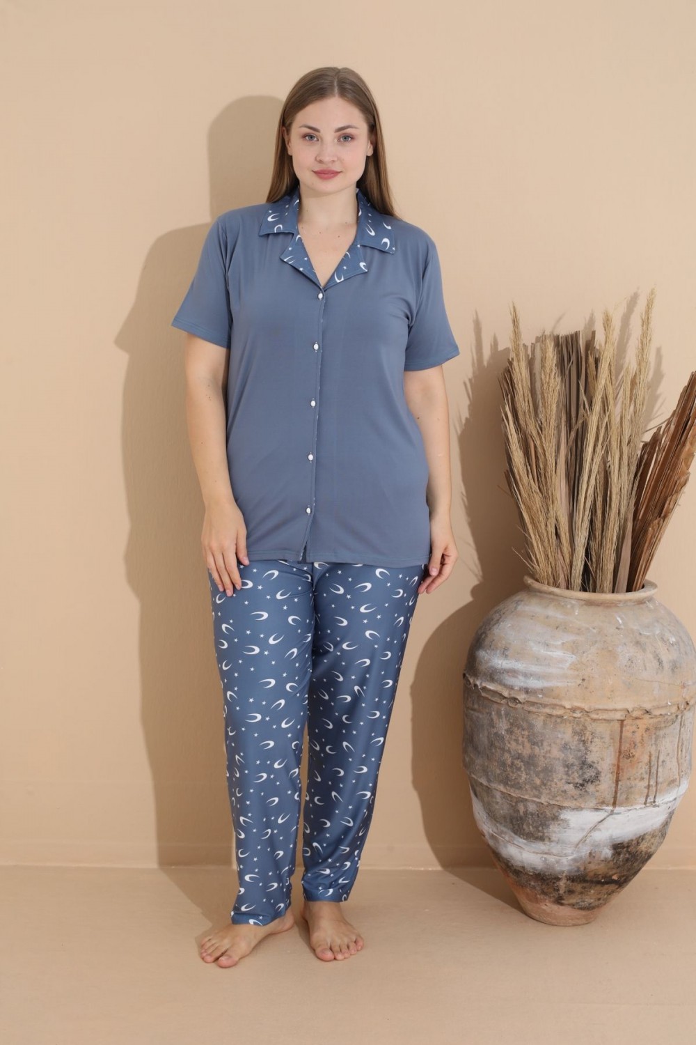 Kadın Battal Milan Kumaş Kısa Kol Gömlek Yaka Büyük Beden Pijama Takımı