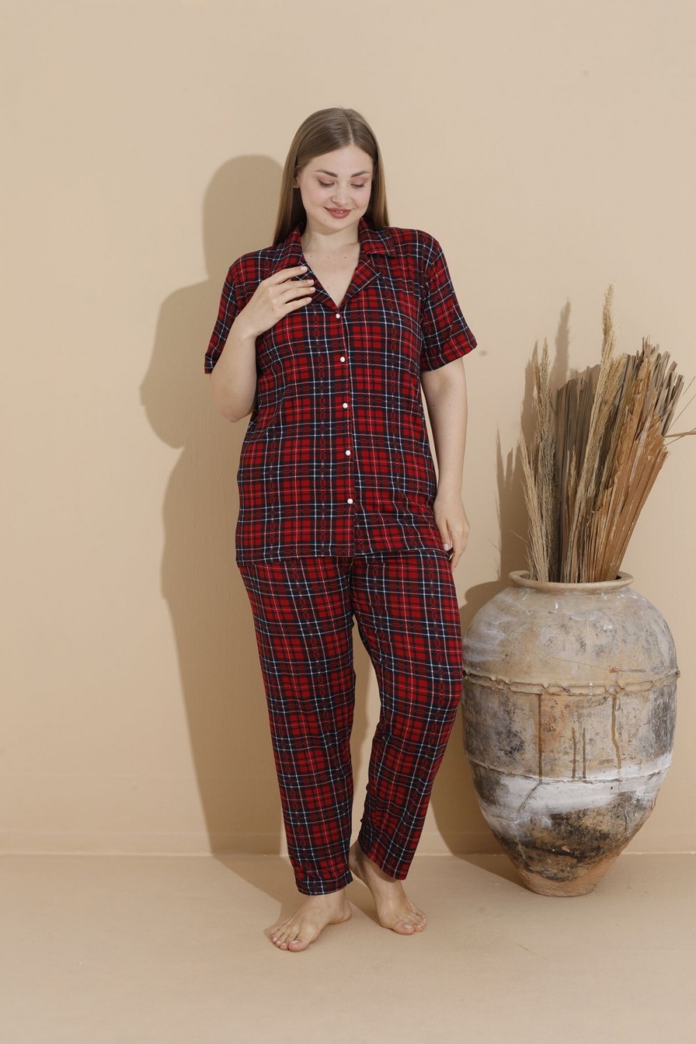 Kadın Battal Milan Kumaş Kısa Kol Gömlek Yaka Büyük Beden Pijama Takımı